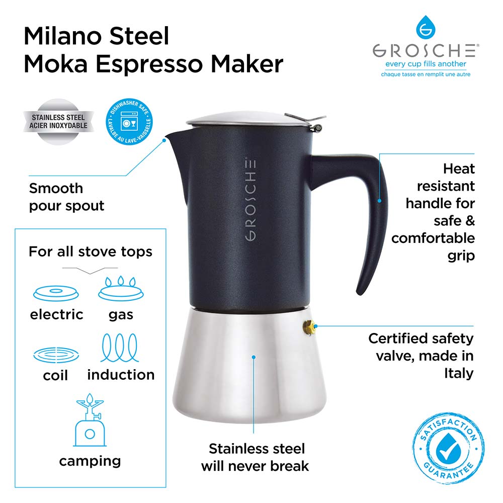 
                  
                    GROSCHE Milano Stovetop Espresso Maker - Steel - The Wood Roaster
                  
                